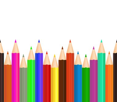 Renkli kalem. Okulda çizim için boya kalemi. Sanat için en alttaki kalem sırası. Zanaat malzemeleri, boya ve kırtasiye malzemesi olan kusursuz bir ikon. Beyaz arka planda izole edilmiş tahta boya kalemleri. Vektör.
