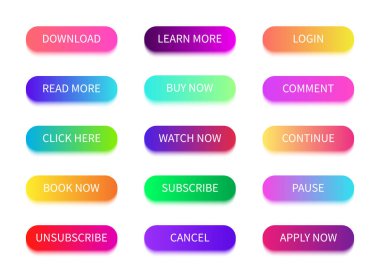 Web eylemi ile düğme. İndirme, arama, daha fazla öğrenme ve satın alma için yükselen parlak düğmeler. Oyun, uygulama, dükkan ve site için UI. Modern afişler farklı renklerdedir. İnternet arayüzü için koleksiyon. Vektör.