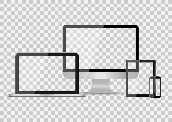 设备模型 笔记本电脑 平板电脑和智能手机 带有透明背景下隔离的空白数字屏幕的媒体小玩艺儿 电脑专业 监视器 社交笔记本 — 图库矢量图片
