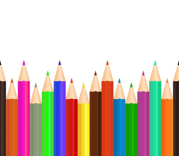 色鉛筆 学校で絵を描くクレヨン 芸術用の鉛筆の一番下の列 クラフト用品 文房具とシームレスなアイコン 白い背景に隔離された背景の木製のクレヨン ベクトル — ストックベクタ