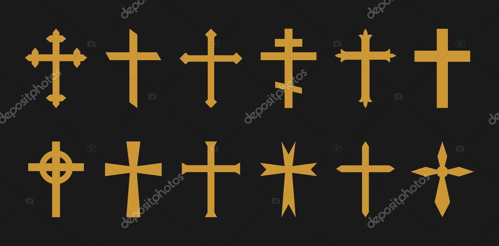 Gold cross. Christian, catholic, greek crosses. Icons of crucifix in gothic style. Symbol of church, jesus and holy faith. Religious gold silhouette on black background. Celtic decorative set. Vector.