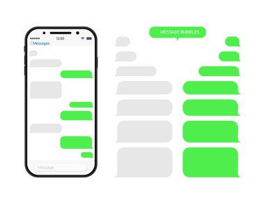 Telefonda baloncukla sohbet et. Chatbot haberci. Ne mesajı bu? Mobil ekranda uygulamalı SMS ve konuşma. Konuşma balonlarıyla iletişim, sosyal sohbet. Diyalog için ui ile akıllı telefon. Vektör.