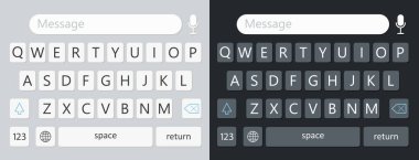 Akıllı telefon klavyesi. Cep telefonu için alfabe. UI ve Qwerty ekranda. Mesajın, mesajın, mesajın, mesajın, mesajların olduğu bir arayüz. Uygulama için kablo çerçeveli simge ve şablon. Vektör.