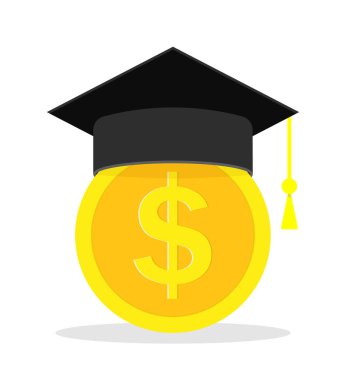 Eğitim için para. Üniversitede öğrenim bursu. Öğrenim kredisi, mezuniyet. Öğrenci için maddi yardım. Okul, üniversite ve akademide maliyet eğitimi ikonu. Bekar şapkası ve birikimleri. Vektör.
