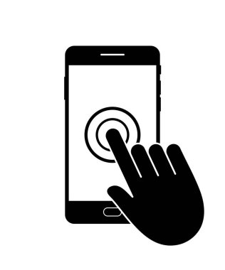 Simge telefonu. Akıllı telefondan mobil uygulama. Dokunmatik ekrana parmak tıklayın. Cep telefonunda sağlık hizmeti. Cihazın düğmesine bas. Dijital dokunmatik ekrana dokunun. Akıllı telefonun sembolü. Vektör.