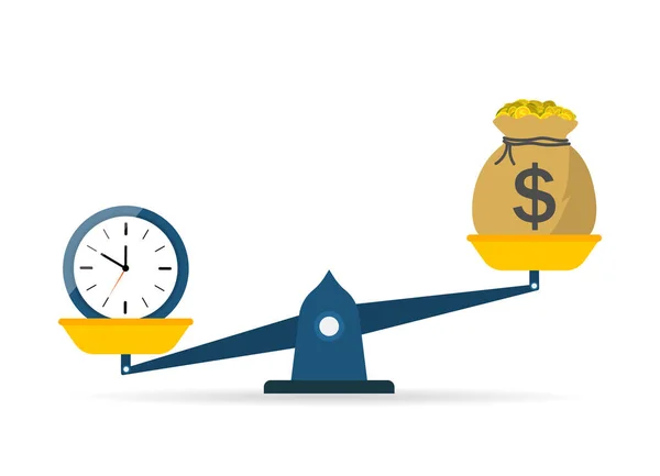Zaman ve para arasındaki denge. Ağırlık ve karşılaştırma simgesi. Maliyetten saate tahterevalli. Çalışmanın özsermaye değeri. Yatırım finansmanı - gelir karı. Başarının sembolü yaşam. Vektör.