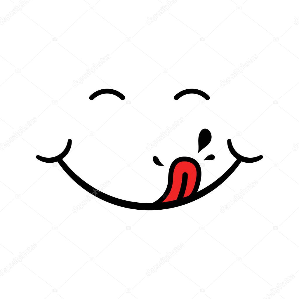 Yummy icon. Face after tasty food. Logo of smile, hungry mouth and pleasure. Funny emoji after delicious eat. Cook with taste. Licking tongue of gourmet. Cartoon illustration in line style. Vector.