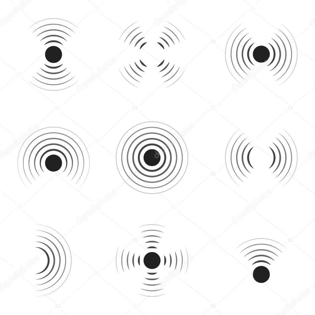 Wave sonar. Radar with signal. Icon of pulse. Concentric sound circle. High sonic frequency with vibration in air. Noise and energy from speaker. Symbol of radio, military protection and scan. Vector.