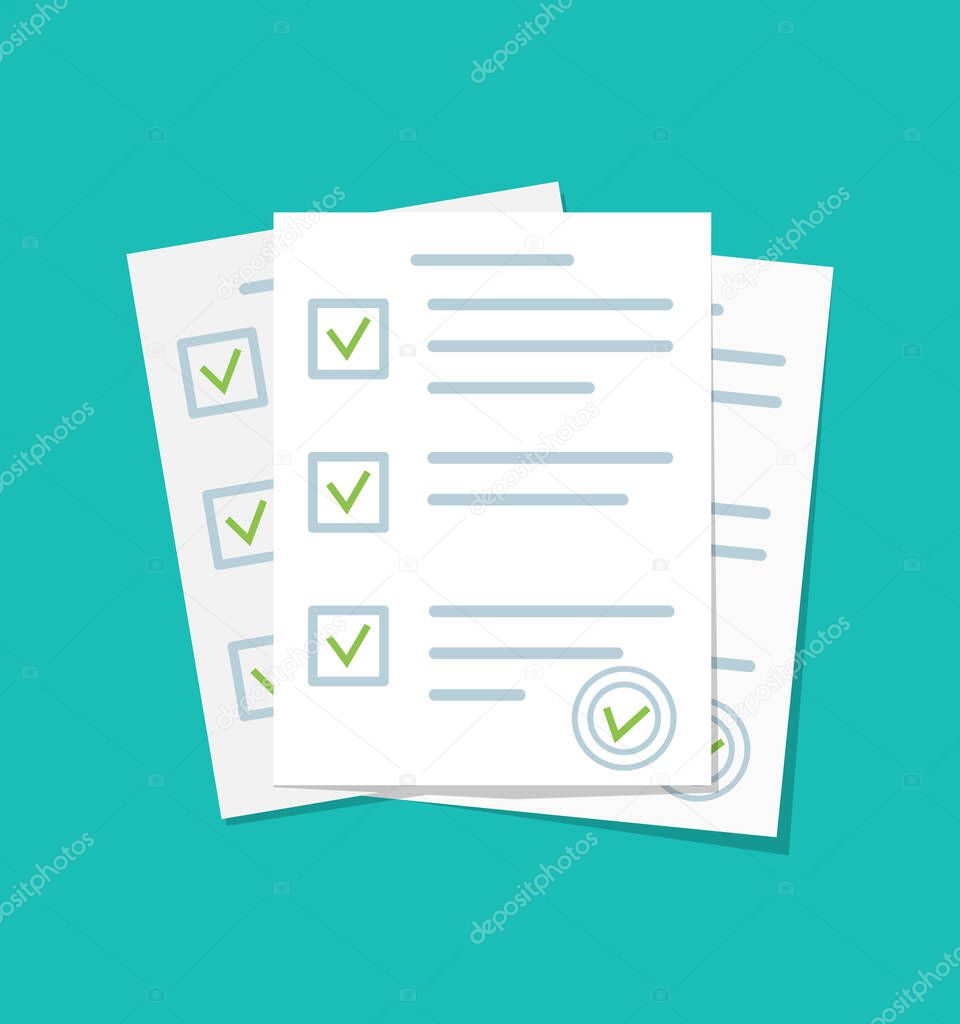Paper document. Form for exam with checklist. Paperwork with test report. List of check questionnaire and survey. Sheets of contract with agreement and stamp. Icon for quiz. Answer in school. Vector.