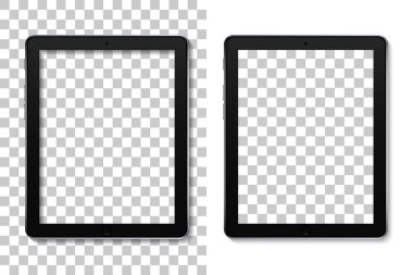 Ekranlı tablet modeli. Dokunuşlu kitap şakası. Okuyucu şeffaf arkaplanda izole edildi. Gerçekçi siyah ped - profesyonel cihaz. Markanın sunumu için boş görüntülü şablon bilgisayar. Vektör.