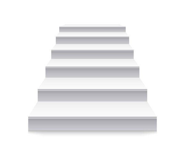 Лестница. Белая лестница наверх. Лестница перед подиумом. Трехмерная лестница с ступеньками спереди. Пустой интерьер изолирован на белом фоне. Архитектура для дома. Современное здание внешнего вида. Вектор.