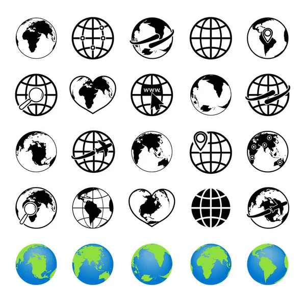 Des Icônes Globe Monde Sur Sphère Carte Mondiale Terre Planètes — Image vectorielle