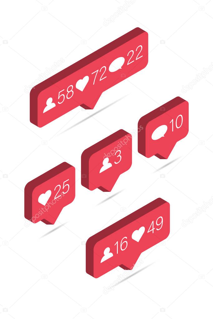 Icon of 3d like. Isometric media bubble with heart, comment and share friend. Social buttons with notification. Symbol for follow, communication, comments. Logo for message and speech in app. Vector.