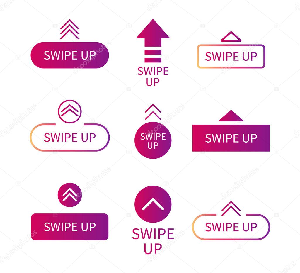 Swipe up icon. Drag arrow for scroll of story. Button for action in social media. Gradient logo with sign. Design mockup for app, blog, internet. Set of ui for business and communication. Vector.