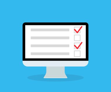 Bilgisayarda çevrimiçi araştırma. Form sınavında listele. Kontrol listesi, anket ve anket web uygulaması için. Test için simge, geri bildirim, rapor. Elektronik dökümanlı dijital bilgisayar ekranı. Sınav konsepti. Vektör.