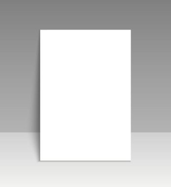 Kağıt kaplama broşür. Antetin ya da sayfanın boş şablonu. Gölgeli beyaz poster. Broşür, dergi ve broşür için boş bir a4 kağıdı. Sunum kitapçığı duvarın yanında duruyor. Vektör.