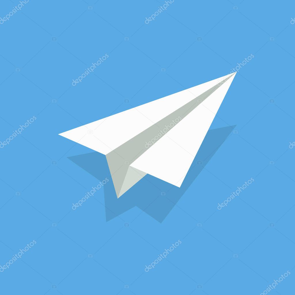 Aper airplane. Plane origami. White 3d fly aeroplane on blue background. Craft of origami. Concept of flight, travel. Abstract icon for airline, launch free jet. Logo for navigate of aircraft. Vector.