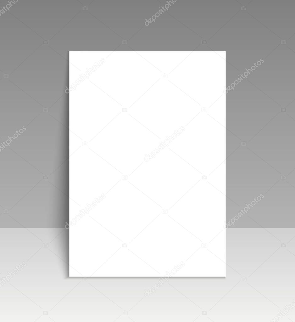 Paper mockup of leaflet. Blank template of letterhead or page. White poster with shadow. Empty sheet a4 for brochure, magazine and flyer. Mock of booklet for presentation stand near the wall. Vector.