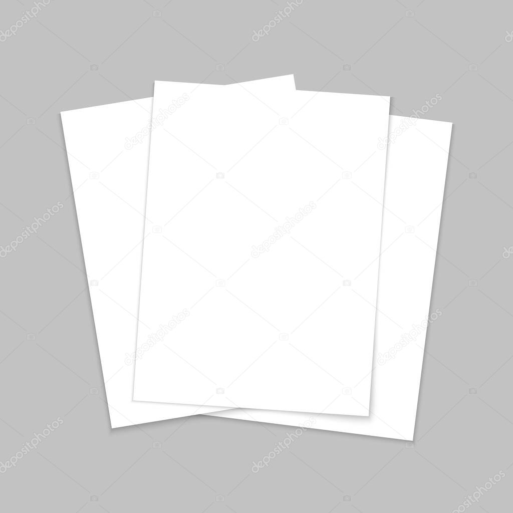 Mockup paper. Blank template of leaflet. A4 cover and flyer. Stack of white sheets. Page for brochure and postcard. Mock of document with shadow. Three letters in front for booklet and book. Vector.