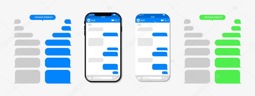 Chat with message on phone screen. Bubble for text in messenger for chatbot. Conversation with help app. Sms with social ui in cellphone. Template of balloon for talk on mobile. Speech service. Vector