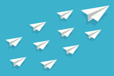 Uçağın liderliği. Görev konsepti için kağıt uçak origamisi. İleri görüşlü takım lideri. Lider takım lideri ya da grup. İş, motivasyon ve başarı için yaratıcı illüstrasyon. Kazanan Icon. Vektör.