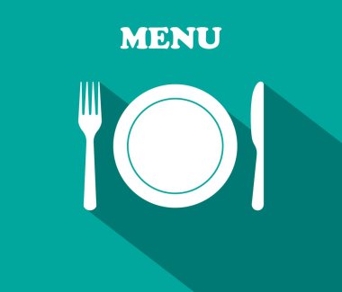 Çatal, tabak, bıçak, öğle yemeğinin simgeleri. Restoran menüsü için grafiksel dekorasyon. Akşam yemeği için Utensil. Tabak için çatal bıçak takımı. Menünün sembolü. Şirket ziyafeti, aşçılık ve mutfak için arka plan. Vektör.