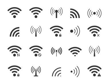 İkona kablosuz. Telsizden kablosuz sinyal. Veri iletimi için uzak bir sinyal. Antenle ağa bağlanmanın sembolü. Podcast ve iletişim işareti. Yönlendirici ve kamu güvenliği interneti. Vektör.