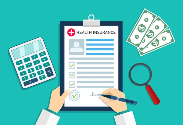 Health Insurance Medical Insurer Form Healthcare Doctor Hospital Money Calculator — Stock Vector