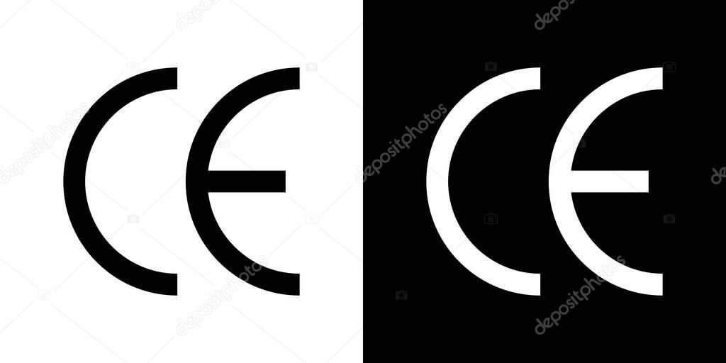CE icon. Symbol of european certificate. Mark of quality. Logo of conformity safety. Packaging of manufacturer. Estimated europe certification. Black eu product safe label and sticker. Vector.