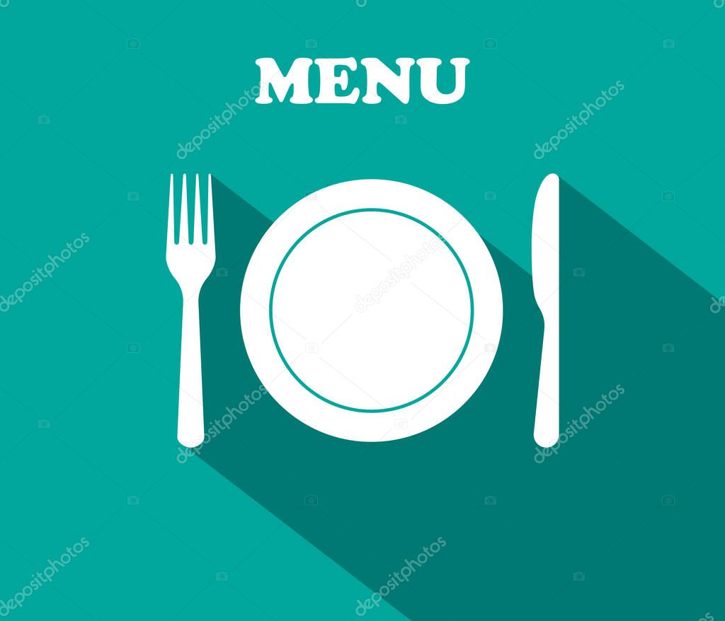 Fork, plate, knife - icons of lunch. Graphic decoration for menu of restaurant. Utensil for dinner. Cutlery for dish. Symbol of menu. Background for corporate banquet, cooking and kitchen. Vector.