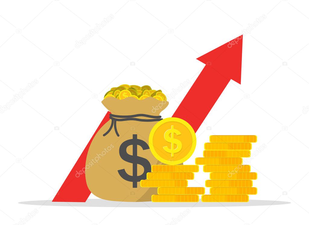 Money profit high. Growth of revenue. Arrow show in diagram increase income. Capital and benefit of finance fund. Economy and budget icon. More earn of business. Wealth and investment. Vector.