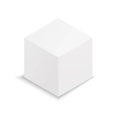 3D küp. Beyaz kutunun maketi. Gölgeli boş kare paket. Duruş, nesne, hediye, ürün ve şeker modeli için kağıt ya da karton izometrik şablon. Önünde gerçekçi kübik şekil var. Vektör.