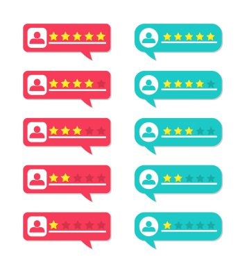 Gözden geçir, değerlendir ve müşterilerden geri bildirim al. Tanıklık için yıldızlı baloncuklar. İnternet üzerinden iyi ya da kötü yorum yapan bir müşteri için. Tatmin seviyesinin incelenmesi. Otel kullanıcısı tecrübesi. Vektör.
