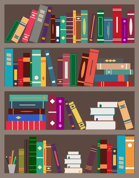 Boekplanken Met Boeken Boekenkast Bibliotheek Achtergrond Voor Boekenwinkel Met Muur — Stockvector