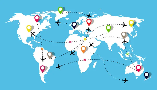 地图与飞机飞行 乘坐飞机在世界旅行 有飞机航线的航线 从中国到我们和欧洲的空运 飞行路线和机场的旅行计划 — 图库矢量图片
