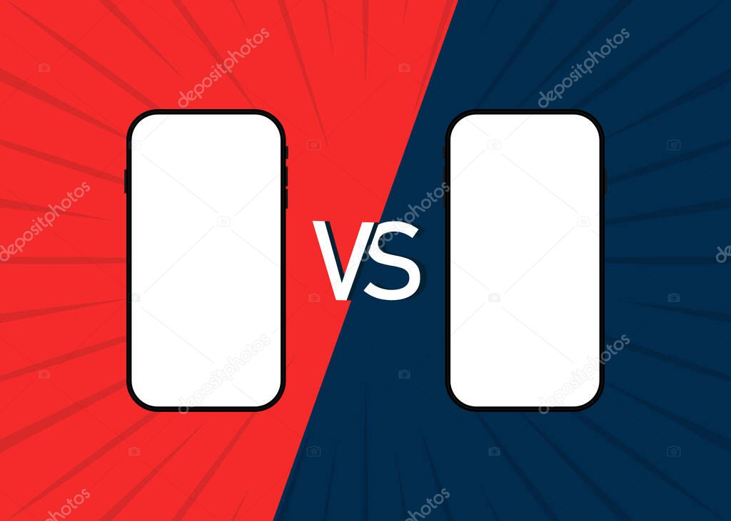 VS of cellphone. Comparison two smartphones. Mockup with screen for blogger and presentation. 11 pro branding mobile in review. Blank template for shopping. Modern devices on battle. Vector.