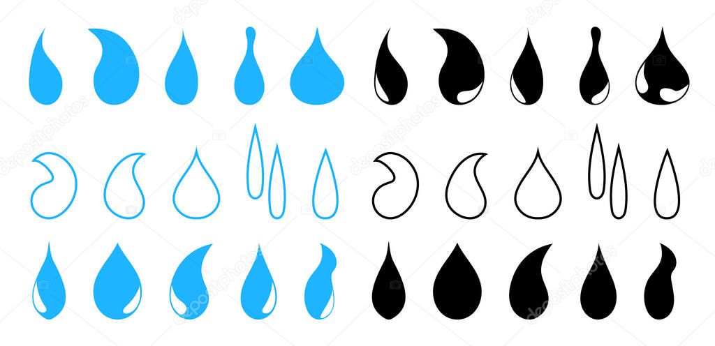 Drop water icons. Logos of raindrops. Blue, black inks. Droplet blood or oil. Symbol of drip liquid. Outline shapes for rain, milk, sweat, tear. Set of dyes. Graphic moisture icon. Blob paint. Vector.