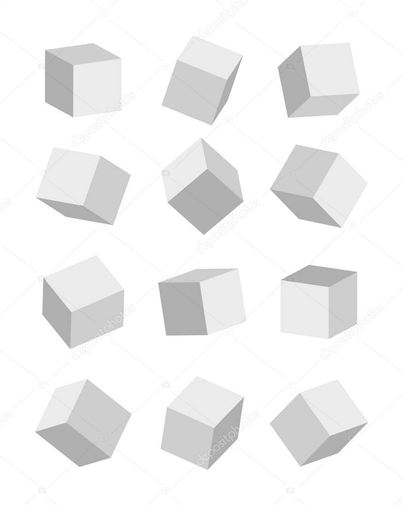 3d cube. Mockup of rectangle boxs. White blank squares. Carton blocks with shadow. Perspective models for design product and packaging. Template for stand, toy, platform and gift. Paper icons. Vector.