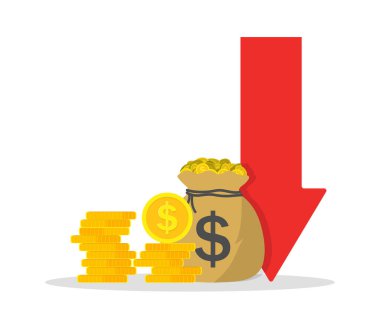 Düşük maliyetli ve zararlı. Gelirleri düşür. Ekonomik kriz. Para enflasyonu simgesi. Finansal yatırım grafiği ve aşağı ok. İşlerin azaltılması. Şirket iflası ya da bütçe yetersizliği. Vektör.