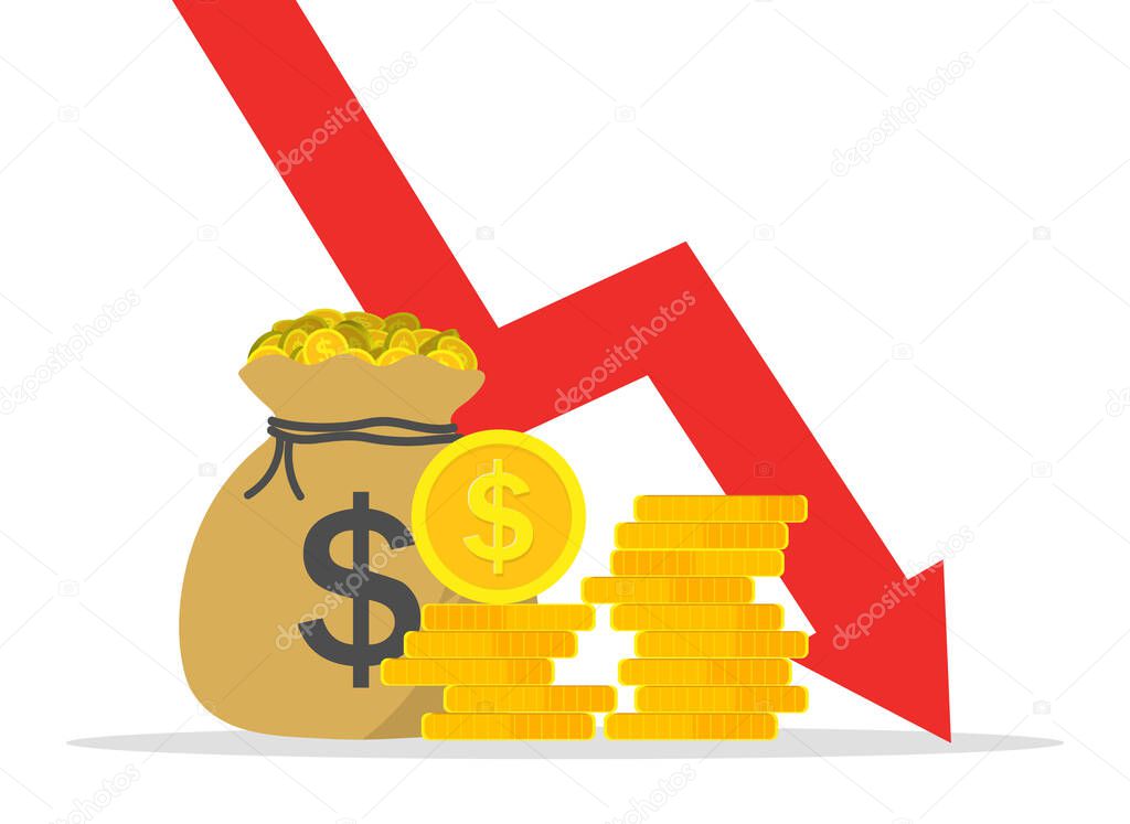 Graph of money loss. Low cost dollars. Crisis of economy with decrease sales and revenue. Icon of reduction of market and economic down. Financial bankruptcy. Infographic of inflation. Vector.