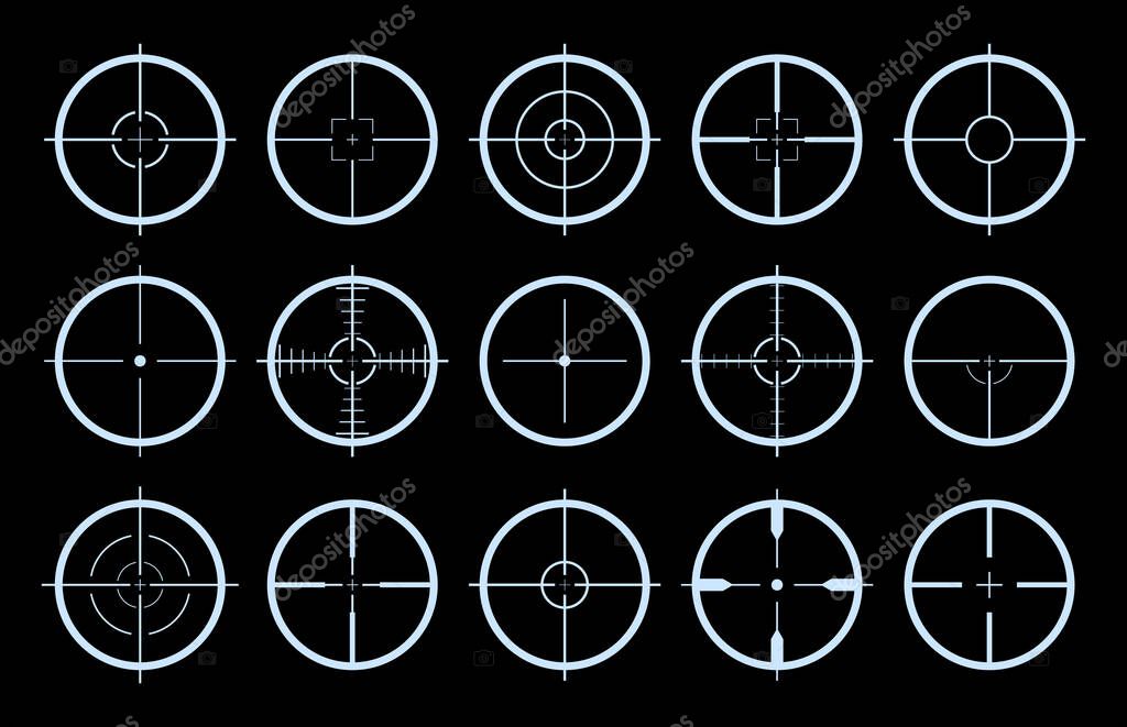 Target on crosshair of gun. Sniper sight icons. Cross scope for rifle of army. Logo for military games. Shot in aim. Lens with focus pointer for weapon. Precise telescope. Radar symbols. Vector.