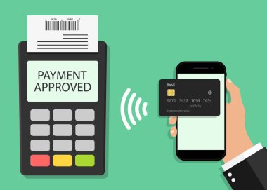 Posta terminalinden ödemeler telefondan yapılmış. Cep telefonundan yapılan temassız işlem. Maaş kartı ikonu, akıllı telefondan kredi kartı ödemesi. Telefon online, kablosuz, nakit ödeme için hazır. Vektör.