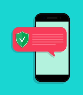 Telefon virüsten korur. Akıllı telefondan güvenlik uyarısı geldi. Mobil dolandırıcılıktan korunmak için uygulama. Telefondaki spam karşıtı simge. Dolandırıcılık saldırısı, hackerlar tehdidi, onlara karşı savunma. Vektör