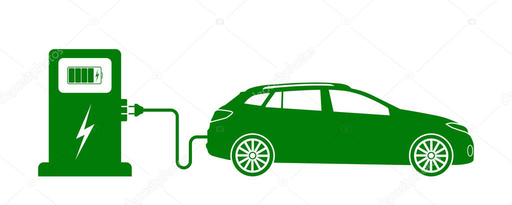 Car electric charge. Icon of vehicle charge station. Green eco charger. Symbol of nature energy. Sign for hybrid motor. Fast electro charging to fuel auto battery. Station, plug and cable. Vector.
