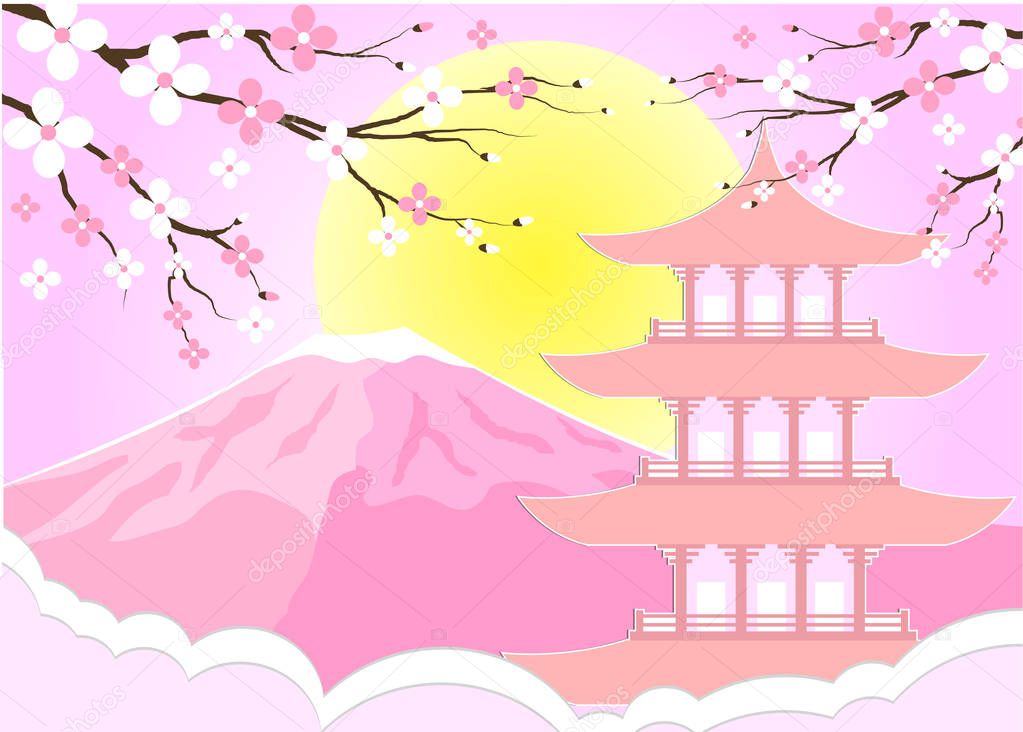 Travel postcard and poster of Japan, with Fuji mountain , vector illustration.
