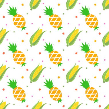Ananas ve mısırla kusursuz desen, vektör dokusu çizimi.