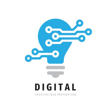 Dijital ampul logosu tasarımı. Simge vektör illüstrasyonunu düz şekilde kavra. Yaratıcı fikir ilham sembolü. Elektrikli lamba yaratıcı işareti. Elektronik teknoloji iş logosu.