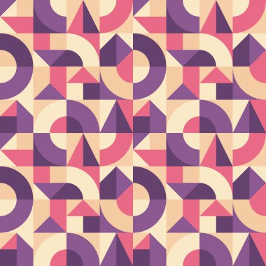 Bauhaus grafik tasarım tarzında geometrik arkaplan. Sunum, web sitesi, promosyon planı için soyut, kusursuz bir model. Dekoratif mozaik süsü. Vektör konsepti çizimi.  