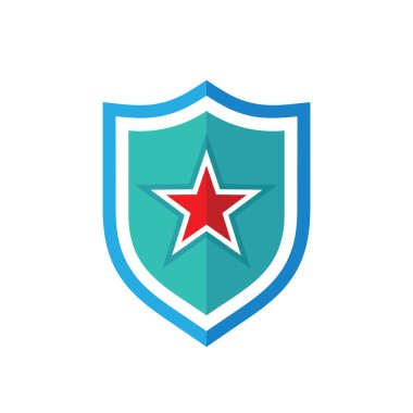 Kalkan yıldızı logo tasarımı düz stil. Soyut koruma sembolü. Ordunun güçlü işareti. Antivirüs rozet ikonuna eriş. Beyaz arkaplanda vektör illüstrasyonu. 