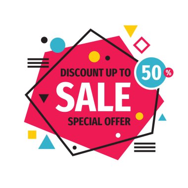 Satış afişi. % 50 'ye kadar indirimli konsept tanıtım planı. Geometrik poster şablonu. Özel fiyat. Vektör illüstrasyonu. 